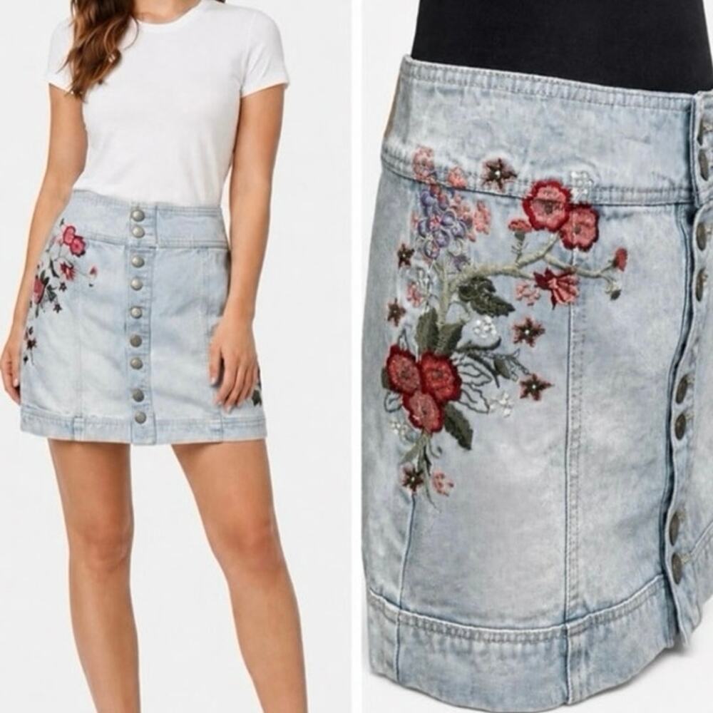 CP Jeans Floral Embroidered Denim Mini Skirt Button Front Sz 5 Cottagecore Boho